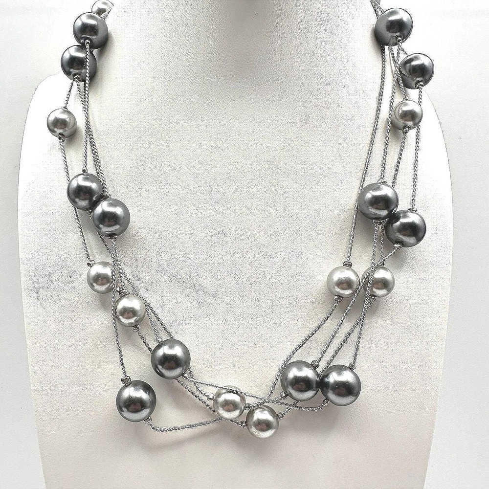Vintage 90s Multi Strand Grey Faux Pearl Station Beads Necklace Silver Tone